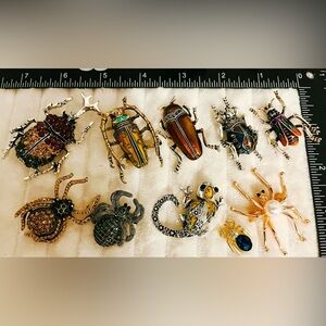 Huge Lot 10 Insect Bug Brooches Rhinestone Enamel Gothic Spider Beetle